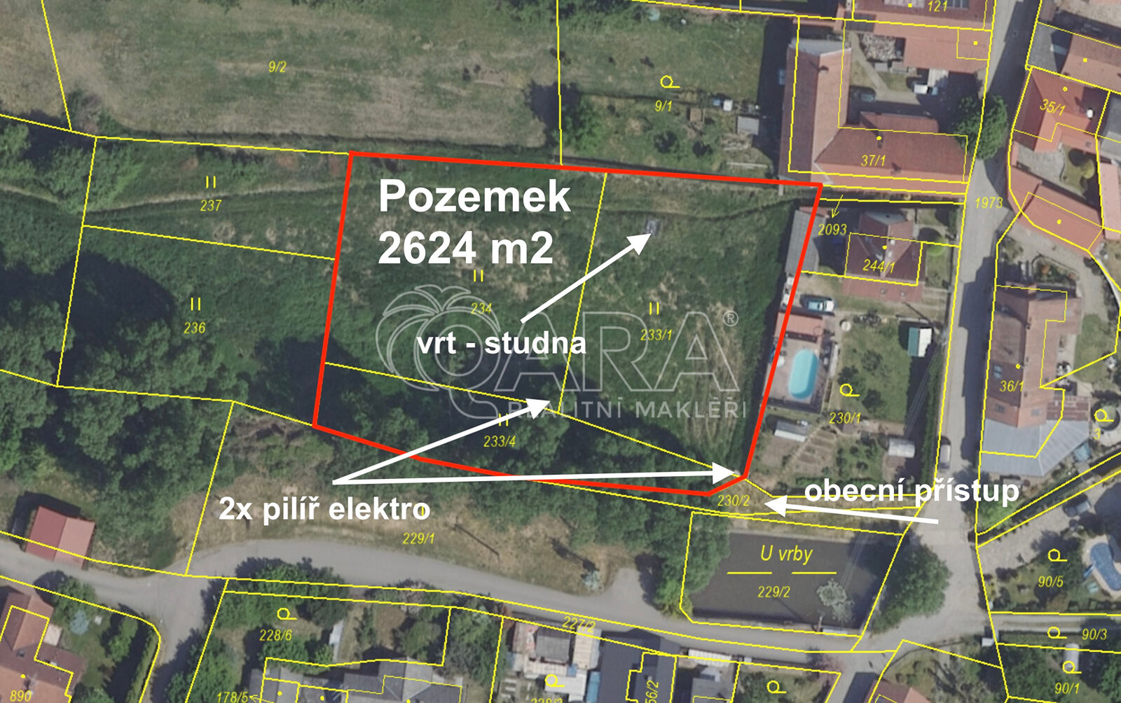 Prodej, pozemek ke stavbě rodinného domu, 2624m2, Krhnanice, elektřina, studna